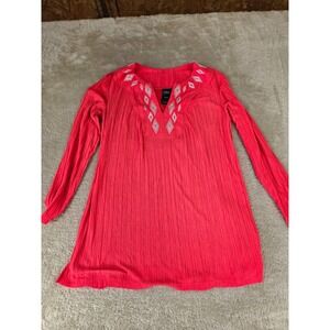 Catalina Womens XL Coral Flame Crinkle Tunic Top Embroidered Sequin V-Neck